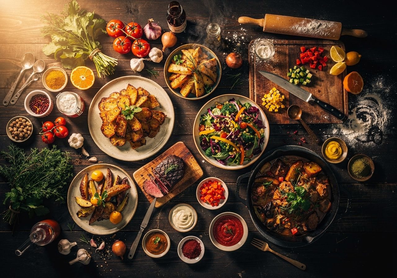 A test-kitchen spread of ingredients and finished dishes